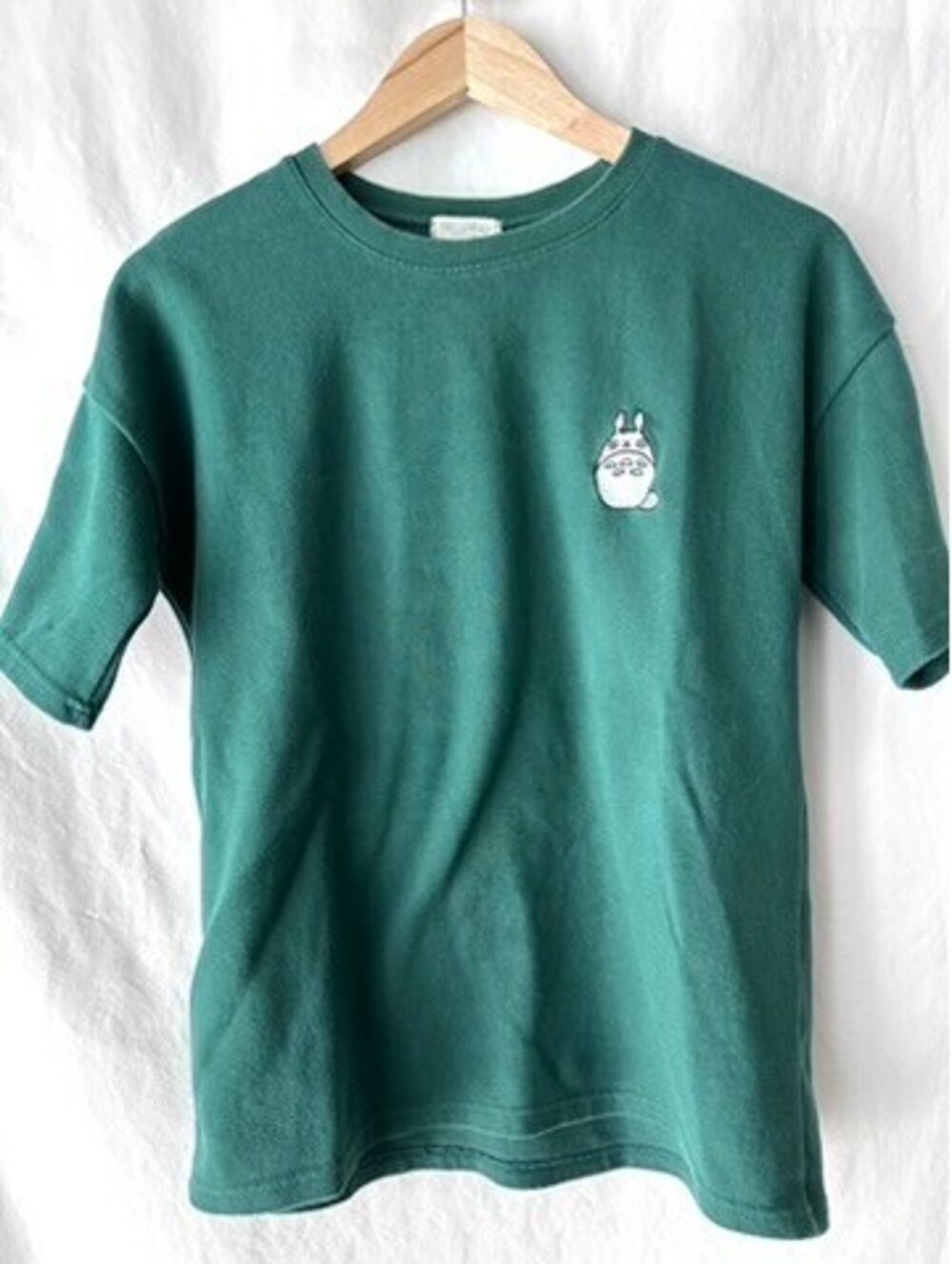 Green Totoro Embroidered Cotton T-Shirt by Frillmond, Made in Korea, Size Medium